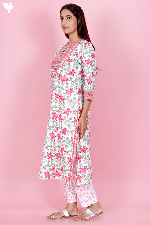 Cotton Kurta Pant Set With Dupatta In Block Print